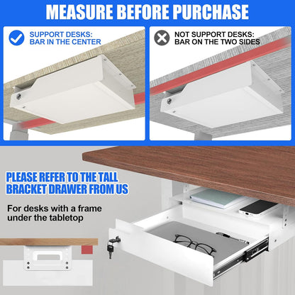 Under Desk Drawer Storage with Lock, Metal Undermount Table Drawer, Ball Bearing Slides Out Tray Organizer for Paper, Pencil, and Laptop 16"x11.8"x3.6", White