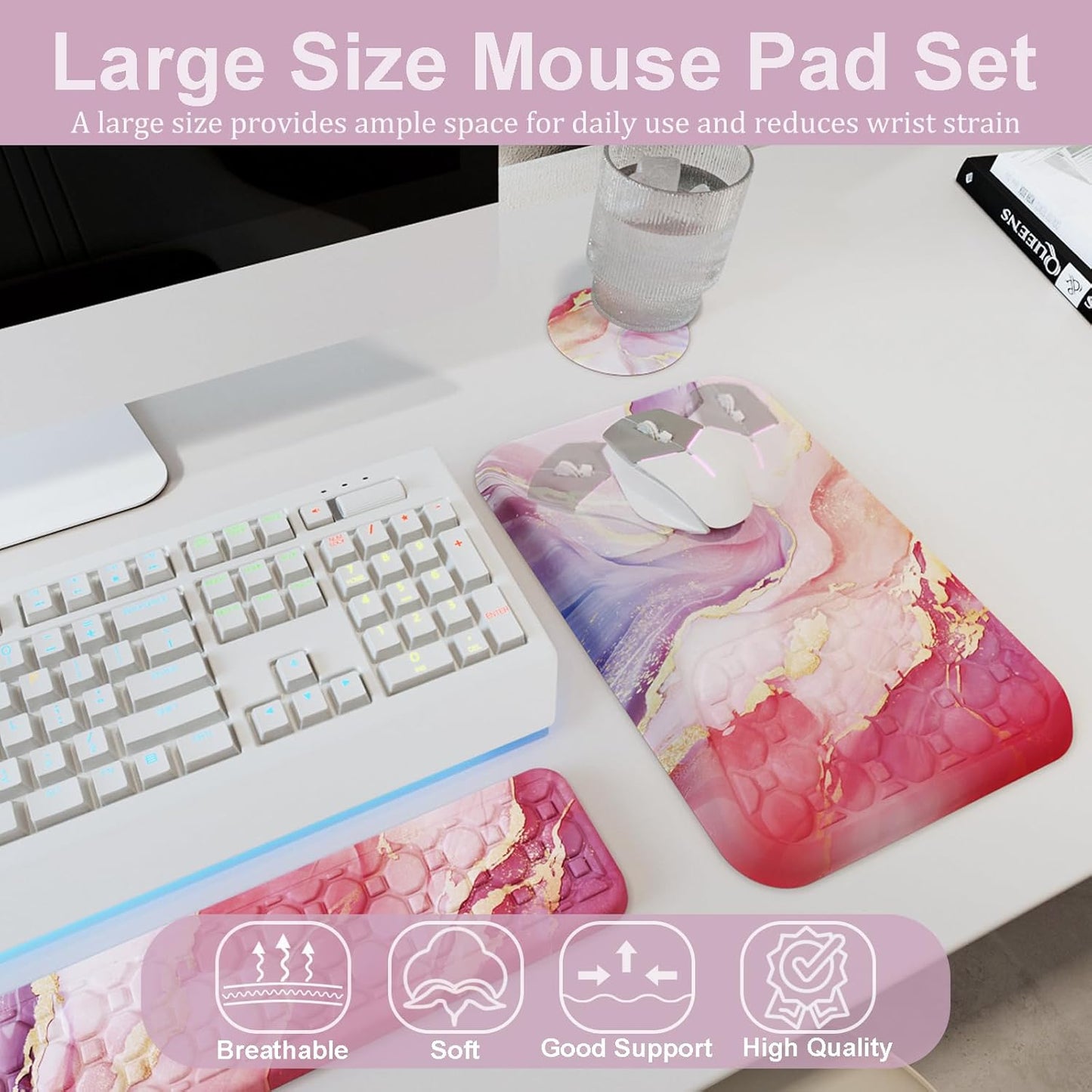 Ospelelf Mouse Pad with Wrist Rest and Keyboard Wrist Rest, Ergonomic Wrist Rest for Computer, Office, Gaming, Pink