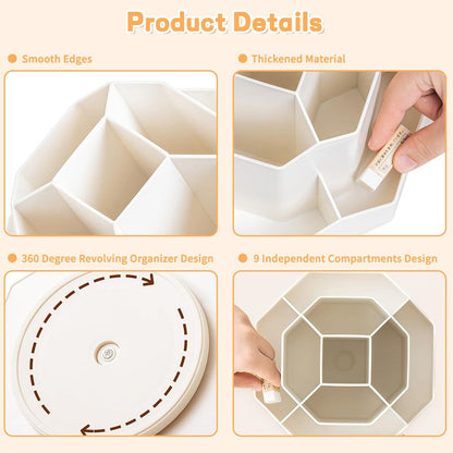 Cayxenful Pencil Pen Holder for Desk,9 Slots 360 Degree Rotating Desk Organizers,Desktop Storage Stationery Supplies Organizer, Cute Pencil Cup Pot For Office, School, Home(White)