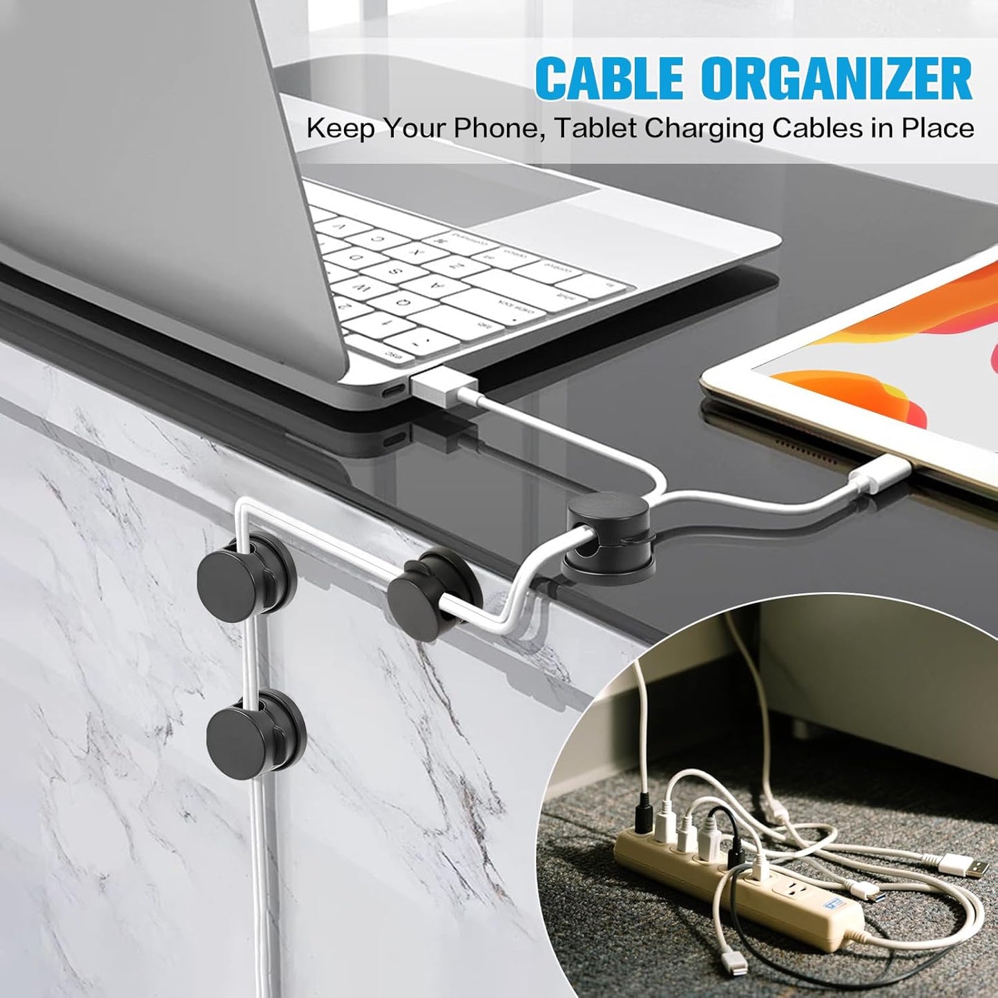 6PC Cord Organizer Holder, 360° Rotatable Spring Cable Clips, Strong Adhesive Cable Management Desk Accessories, Adjustable Wire Organizer Hide Cords Neatly for Nightstand, Home, Kitchen, Office, Rv