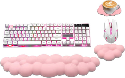 Ergonomic Keyboard Wrist Rest, PU Leather Memory Foam Cloud Wrist Rest for Computer Keyboard, Mouse Wrist Rest and Keyboard Pad for Gaming, Office, Computer, Laptop, Typing Pain Relief, Pastel Pink