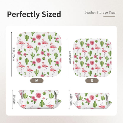 Leather Valet Tray Portable Desk Organizers for Keys Wallet Watch (Pink Rose Cactus Flamingo)