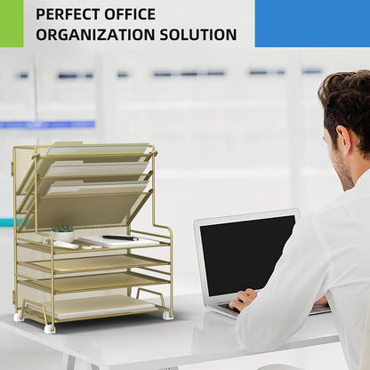 MINDEPOT 4-Tier Paper Organizer + 3-Pocket File Holder + Drawer + Pen Holders, Desktop File Organizers Paper Tray for Office Accessories School Classroom Organization (Black)
