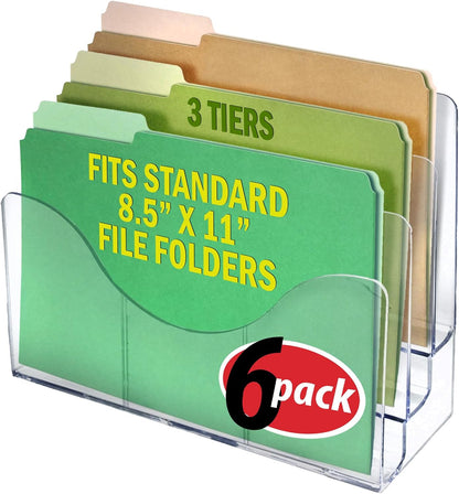 Azar Displays 250099 Three Tier File and Brochure Desktop Wall Organizer Holder with Dividers Brochure Display Stand Acrylic Holder, Fits 8.5" x 11" Files, Clear, 1 Pack