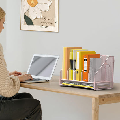 Docnest Desk File Holder Sorter, 4 Vertical Compartments Rack with Letter Tray, Mesh Magazine File Holder with Handle,Workspace Organizers,Desk Organizers for Paper, Mail, Documents-Black
