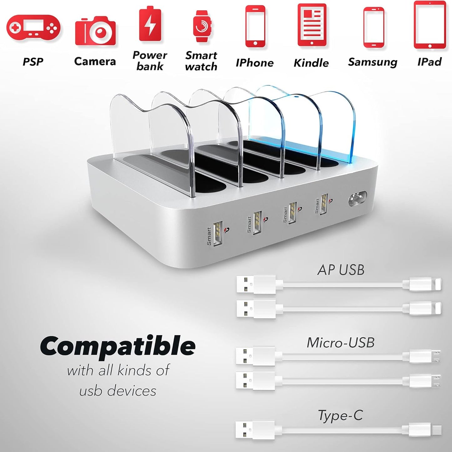 USB Charging Station - 6 Port Universal Charging Station for Multiple Devices - Multi Device Charger Dock - Compatible with Apple, iPad, iPhone, Android Cell Phones, and Tablets - Black