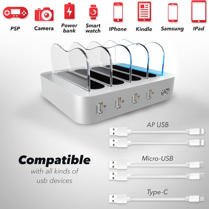 USB Charging Station - 6 Port Universal Charging Station for Multiple Devices - Multi Device Charger Dock - Compatible with Apple, iPad, iPhone, Android Cell Phones, and Tablets - Black