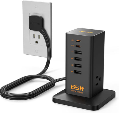 Charging Station for Multiple Devices, TESSAN 9-in-1 USB C Power Strip for iPhone 17/16/15, MacBook, Tablet, Desktop Phone Fast Charger with 3 AC, USB Charger, Home Drom Office Accessories, White-65W