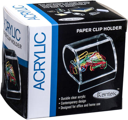 Kantek Clear Acrylic Paper Clip Holder, Angled Open Design, 3.1" x 3.3" x 2.6", Non-Skid Feet, Office Organizer, Desk Accessory
