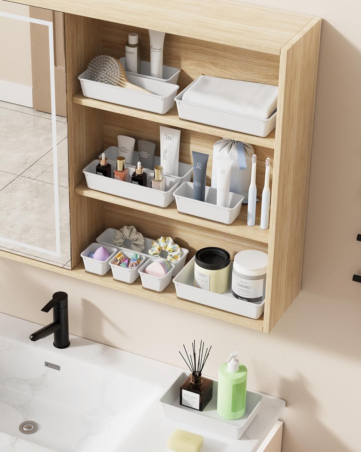 BiuLeon 25 PCS Plastic Drawer Organizers Set, 4-Sizes Vanity and Makeup Organizer, Desk and bathroom Drawer Organizer Trays, Organizers and Storage for Makeup, Jewelry, Gadgets, Utensils (Pink)