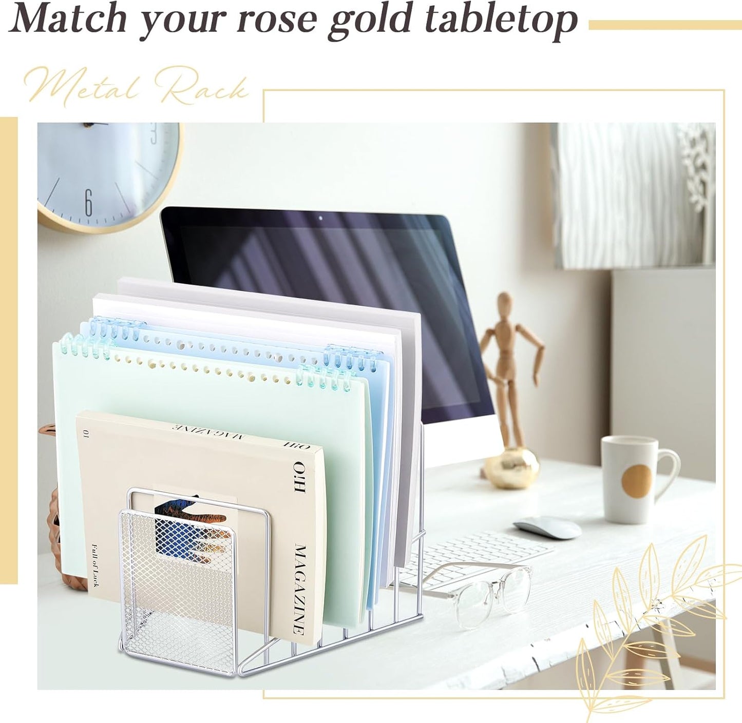 2 Pcs 7 Section Wire File Organizer for Desk, Metal Mesh Incline File Holder, Letter & Magazine Folder Rack, Desktop Paper Sorter for Home Office School (Golden)