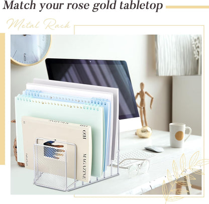 2 Pcs 7 Section Wire File Organizer for Desk, Metal Mesh Incline File Holder, Letter & Magazine Folder Rack, Desktop Paper Sorter for Home Office School (Golden)