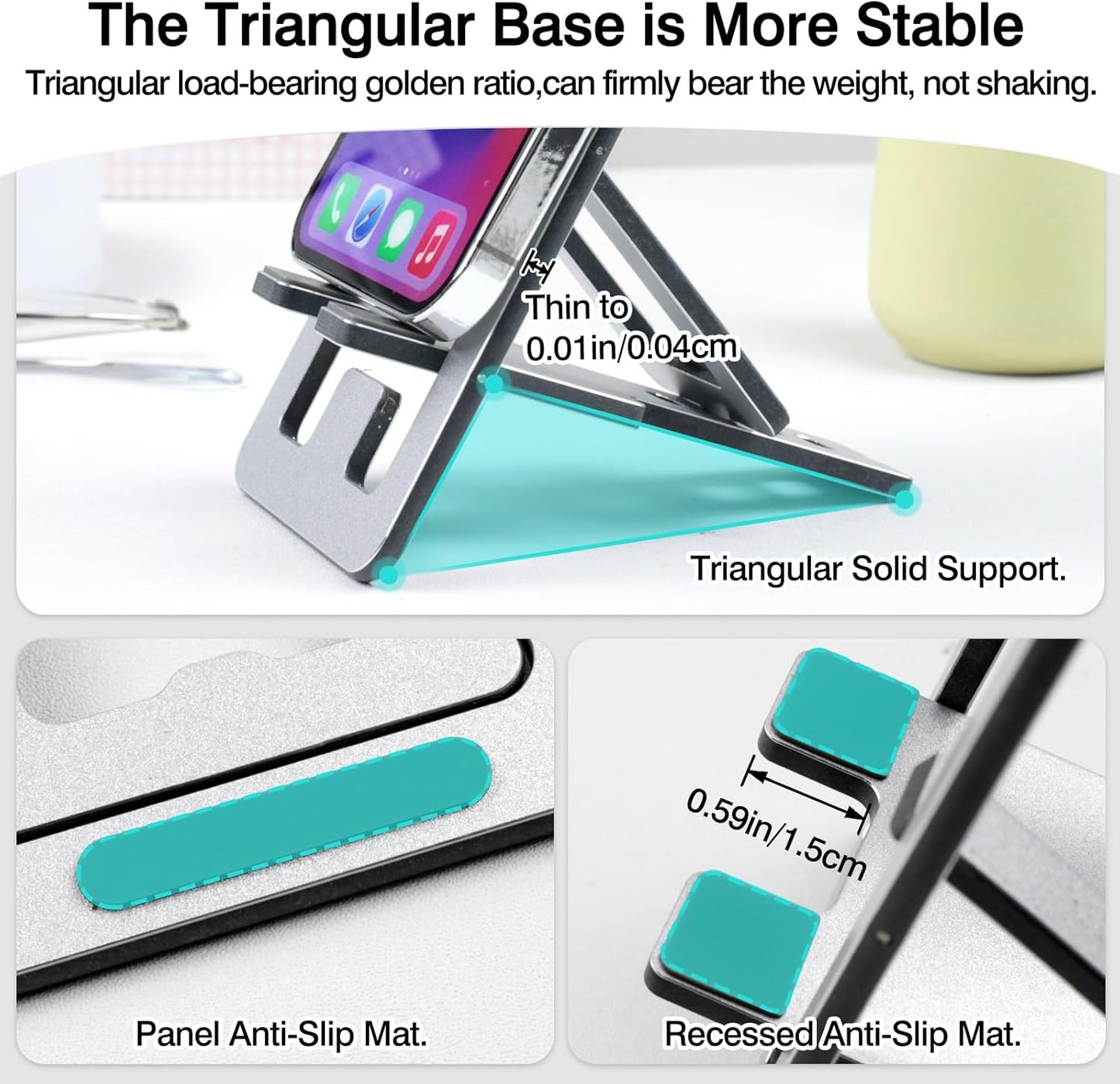Foldable Aluminum Phone Stand – Adjustable Desk Holder for Travel & Office, Compatible with iPhone 16-13 Pro Max, Samsung S24-S8, Kindle – Gray