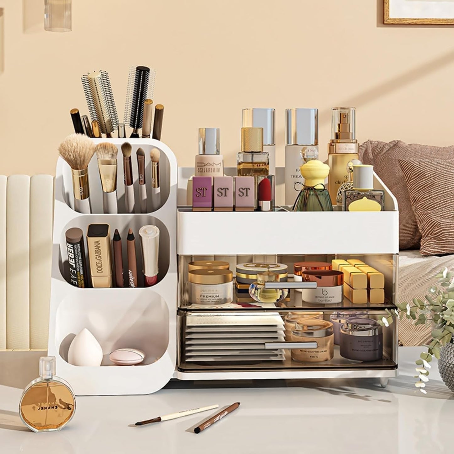 Booklov Makeup Organizer for Vanity, Countertop Cosmetic Display Case with Clear Acrylic Drawers, Bathroom Counter Beauty Caddy, Cute Table Storage Holder for Skincare, Brush Lipsticks, Crystal White