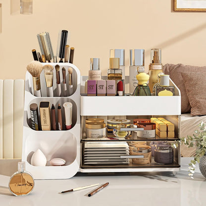 Booklov Makeup Organizer for Vanity, Countertop Cosmetic Display Case with Clear Acrylic Drawers, Bathroom Counter Beauty Caddy, Cute Table Storage Holder for Skincare, Brush Lipsticks, Crystal White