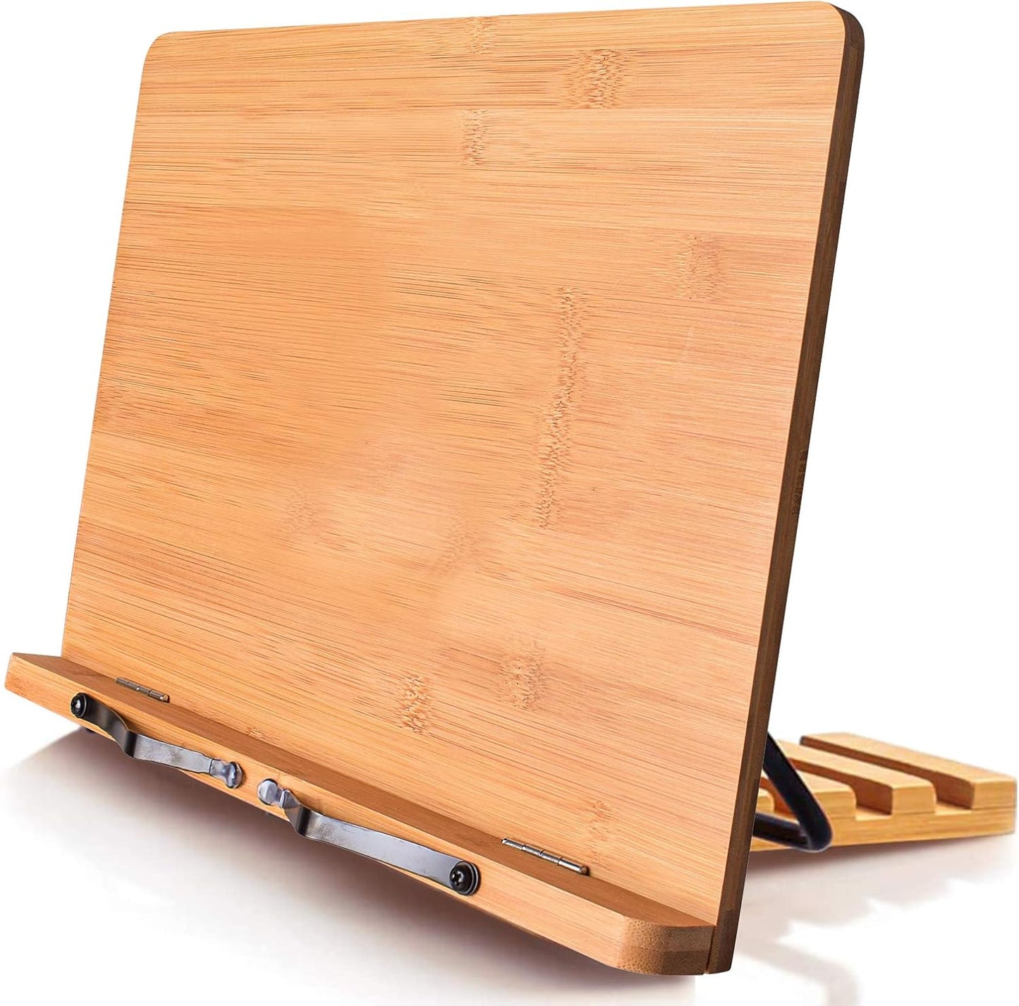 wishacc Bamboo Book Stand, Adjustable Book Holder Tray and Page Paper Clips-Cookbook Reading Desk Portable Stable Hard-Wearing Lightweight Bookstand-Textbooks Books
