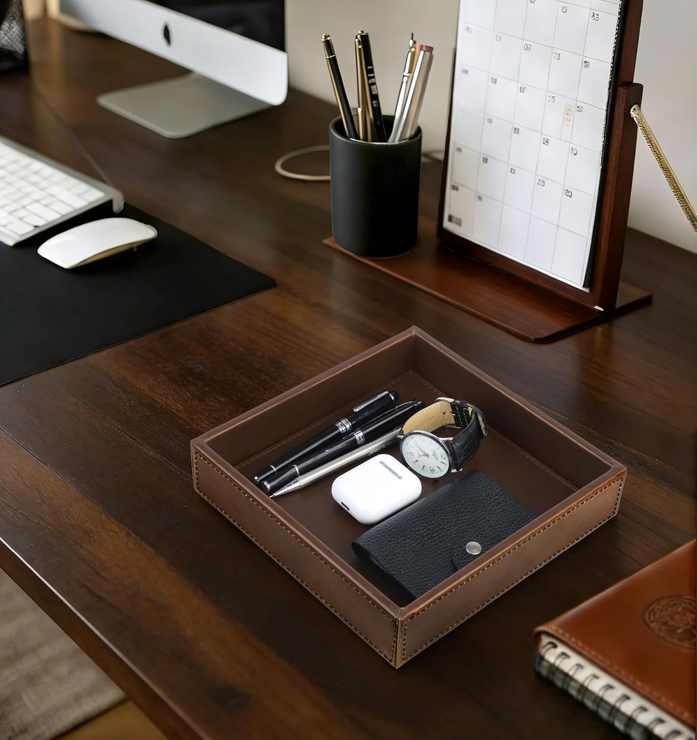 HofferRuffer Faux Leather Vanity Tray, Elegant Desktop Storage Organizer, Decorative Catchall for Perfume, Bathroom Valet, Nightstand or Dresser, Black, 10.2 x 8.4 x 1.8 Inches