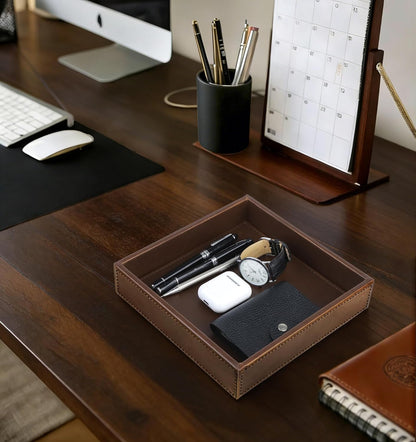 HofferRuffer Faux Leather Vanity Tray, Elegant Desktop Storage Organizer, Decorative Catchall for Perfume, Bathroom Valet, Nightstand or Dresser, Black, 10.2 x 8.4 x 1.8 Inches