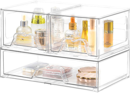 Stebopum 6 Pack Stackable Makeup Organizer, 4.4'' Tall Acrylic Bathroom Makeup Organizer and Storage Drawer with Pull-out Handle, Clear Plastic Storage Bins for Vanity,Pantry,Desk,Undersink,Kitchen