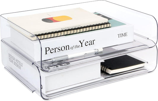 2 Pack Stackable Desk Letter Paper Tray, A4 Clear Plastic Desk File Organizer Letter Tray, Desktop File Paper Organizer with Anti-Skid Design for Office Desktop