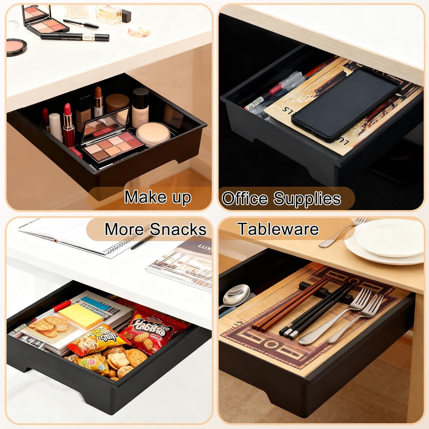 Under Desk Drawer Organizer, Self Adhesive Hidden Drawer Storage, Slide Out Desk Organizer, Space Saving Pencil & Accessories Organizer, Under Table Storage for Home Office & School, Black