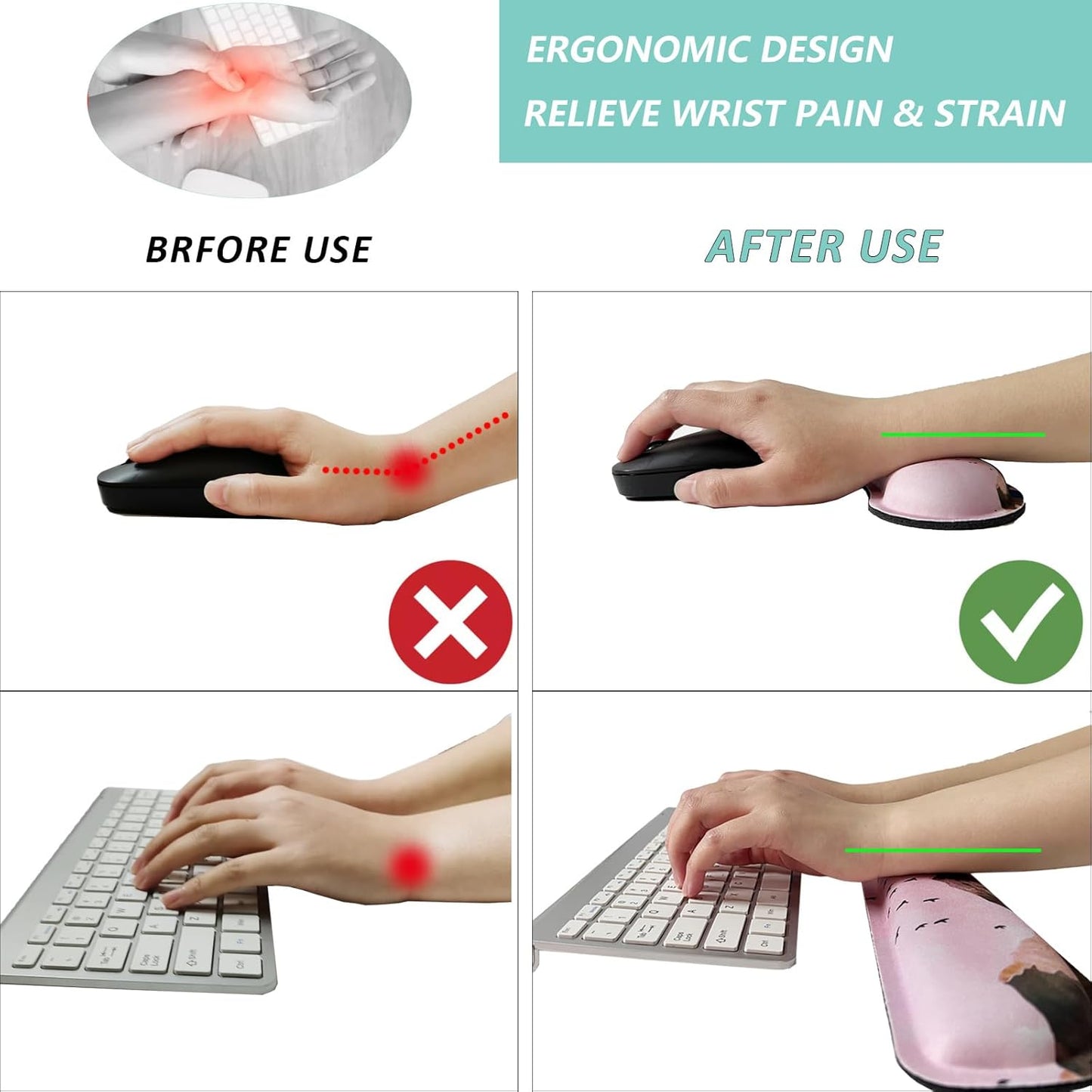 Keyboard Wrist Rest Mouse Wrist Support Set, Memory Foam Wrist Rest Pad for Computer Laptop Keyboard Mouse, Ergonomic Wrist Cushion Support for Typing Pain Relief, Gaming Home Office, Purple