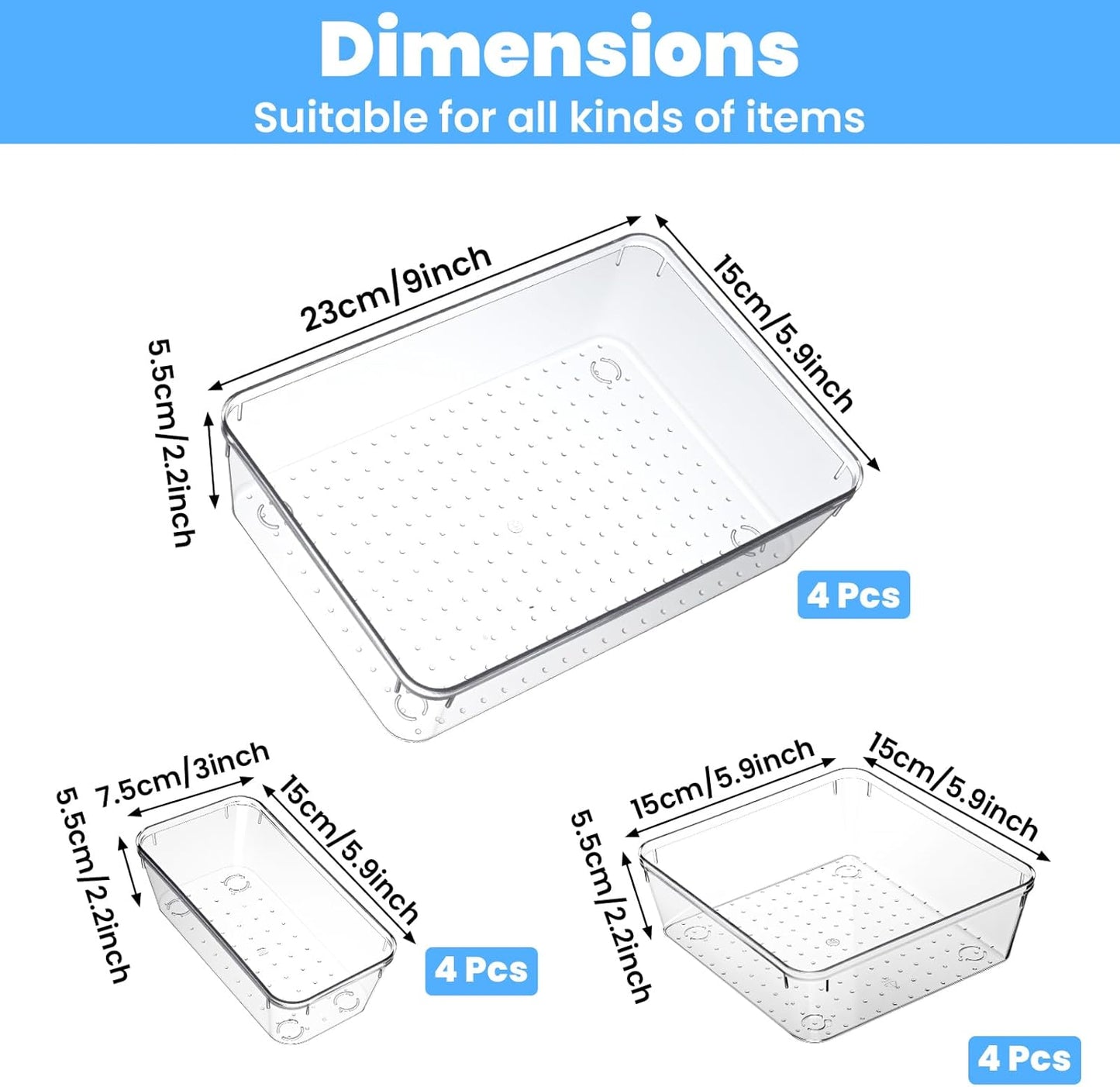 12 Pack Drawer Organizer - 3 Sizes, Clear Plastic Kitchen Drawer Organizers Set, Versatile Bathroom and Vanity Organizer Trays,Storage Bins for Makeup, Bathroom, Jewelries and Office