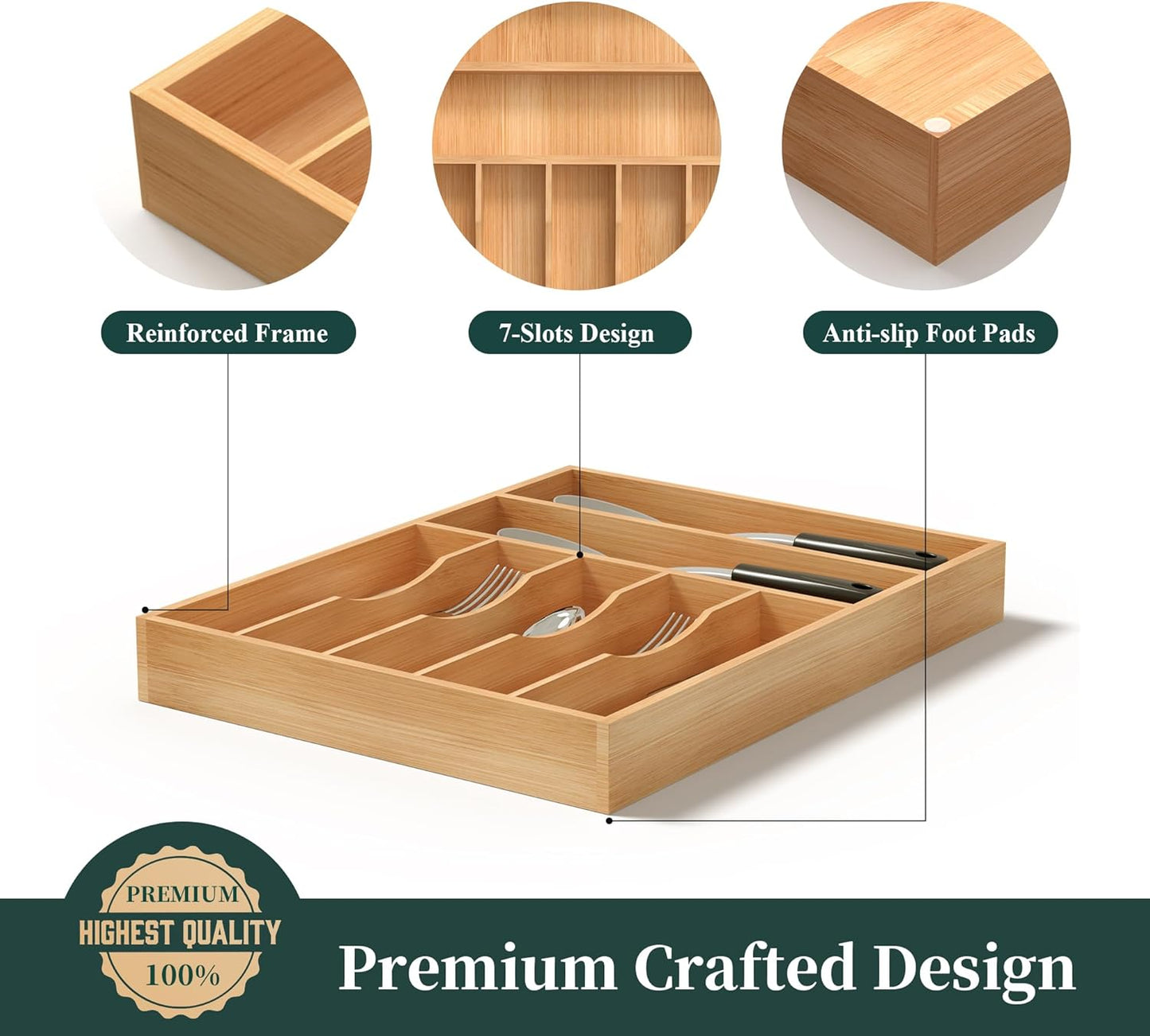 Small Silverware Organizer, Bamboo Kitchen Drawer Organizer, Utensil Holder, Cutlery Tray & Spoon Flatware Storage with Grooved Drawer Dividers (6.7''W x 12''D)