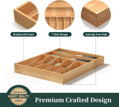 Small Silverware Organizer, Bamboo Kitchen Drawer Organizer, Utensil Holder, Cutlery Tray & Spoon Flatware Storage with Grooved Drawer Dividers (6.7''W x 12''D)