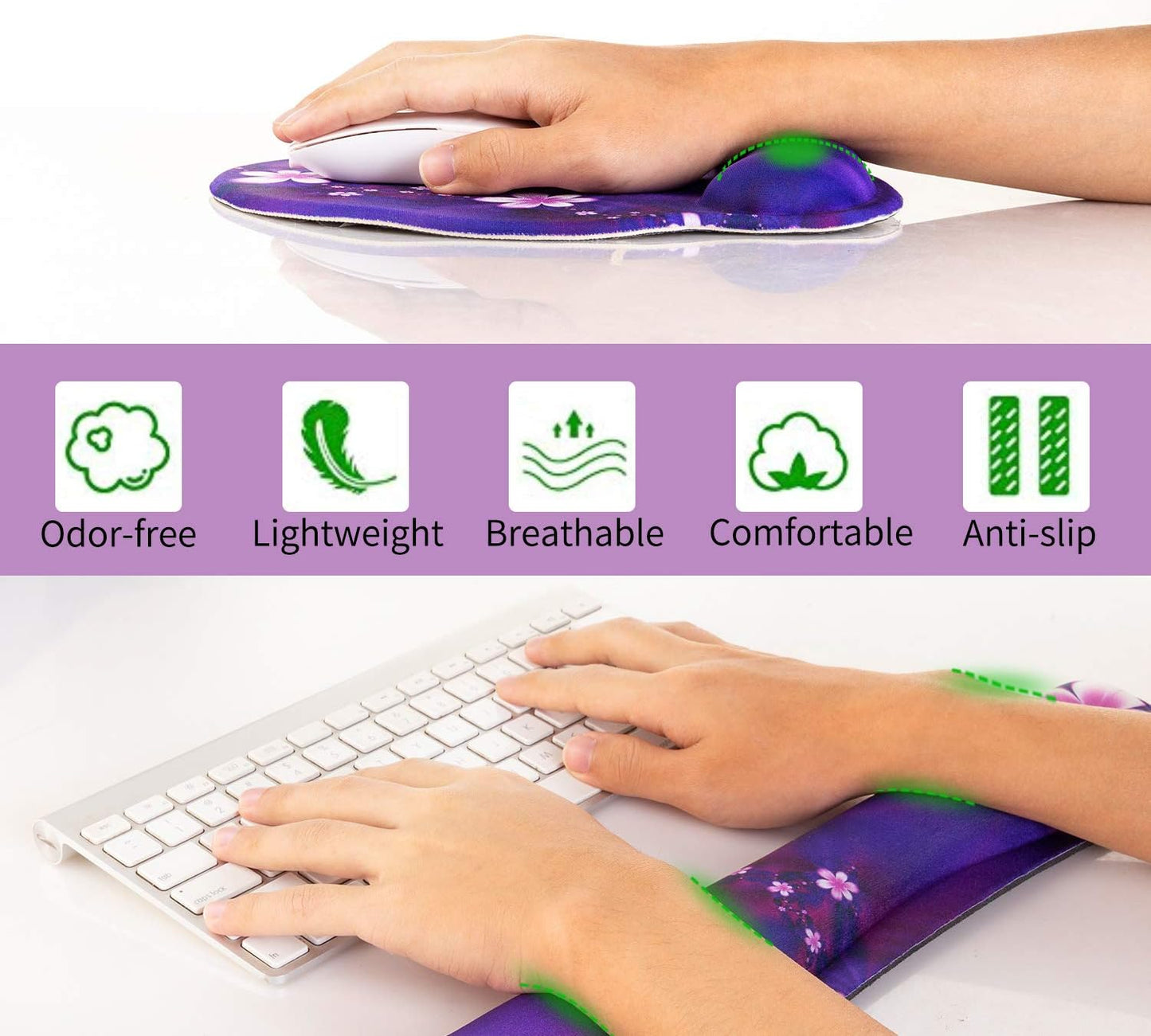 Ergonomic Keyboard Mouse Pad Wrist Rest Support Set for Laptop/Computer/Desktop,Memory Foam Hand Rest Wrist Cushion for Gaming/Office,Lightweight Comfortable & Pain Relief (Flowers)
