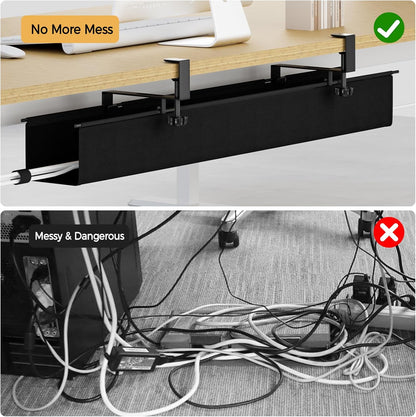 Under Desk Cable Management Tray 27.2" - No Drill Computer Wire Organizer Cable Tray, Cord Hider Clamp Mount with 16X Cable Ties PC Cables Management Cord Holder for Office/Home (Upgrade Fabric,White)