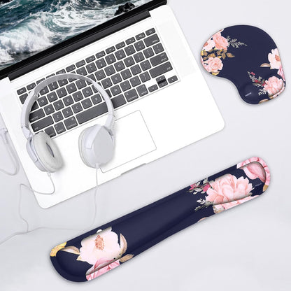 MOSISO Wrist Rest Support for Mouse Pad&Keyboard Set, Curved Peony Ergonomic Mousepad&Coaster Non-Slip Base Home/Office Pain Relief&Easy Typing Cushion with Neoprene Cloth&Raised Memory Foam, Black