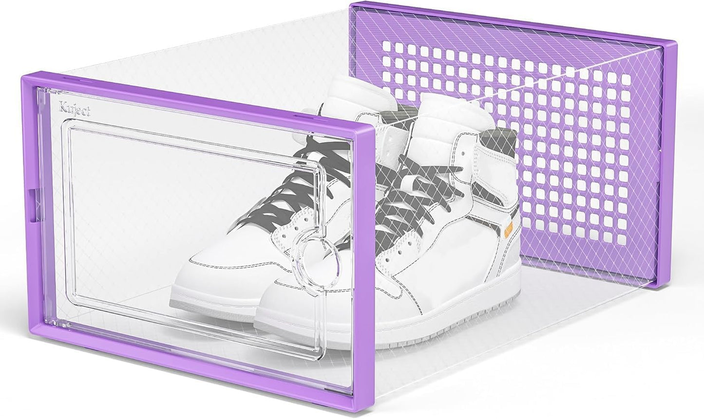 Kuject X-Large Shoe Storage Boxes Organizers Clear Plastic Stackable 12 Pack, Shoe Rack & Holder Substitute, Sneaker Containers, Toy Storage Organizer Bins for Entryway, Closet, Under Bed, Black