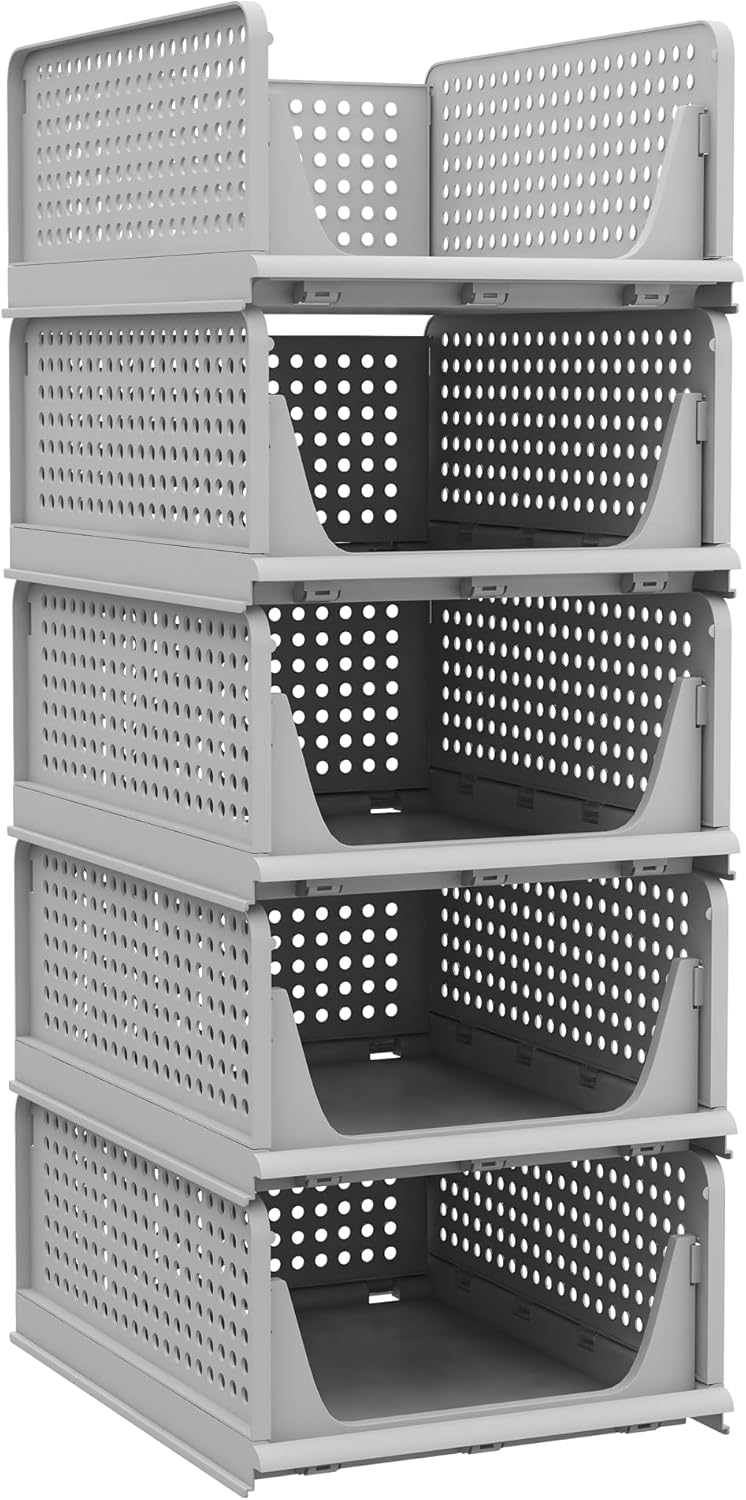 Pinkpum 5 Pack Stackable Plastic Storage Closet Organizers and Storage Bins Drawer Shelf Storage Container for Wardrobe Cupboard Kitchen Bathroom Office White
