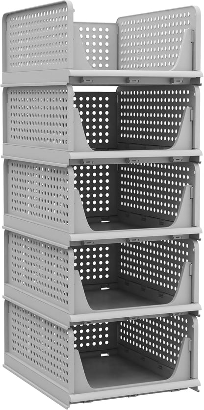 Pinkpum 5 Pack Stackable Plastic Storage Closet Organizers and Storage Bins Drawer Shelf Storage Container for Wardrobe Cupboard Kitchen Bathroom Office White