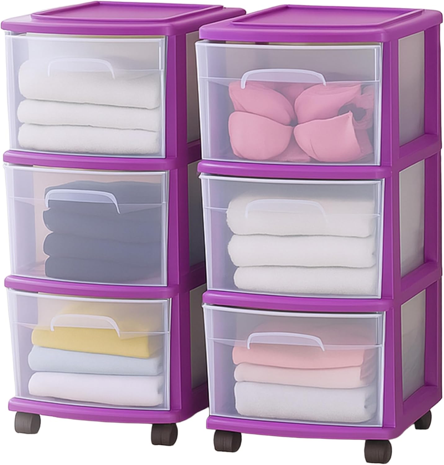 HOMZ Drawer Tower, 3-Tier Rolling Storage Cart with Removable Wheels, White Frame – Plastic Organizer with Clear Bin Drawers for Bedroom, Bathroom, Home Office, and Dorm Room