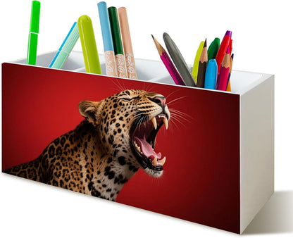 Trendy Funny Leopard Pen Pencil Holder Organizer for Desk, Cheetah Room Decor, Preppy Girly Y2k Aesthetic Cheetah Wooden Box Block Sign for Home Office Tabletop Decor