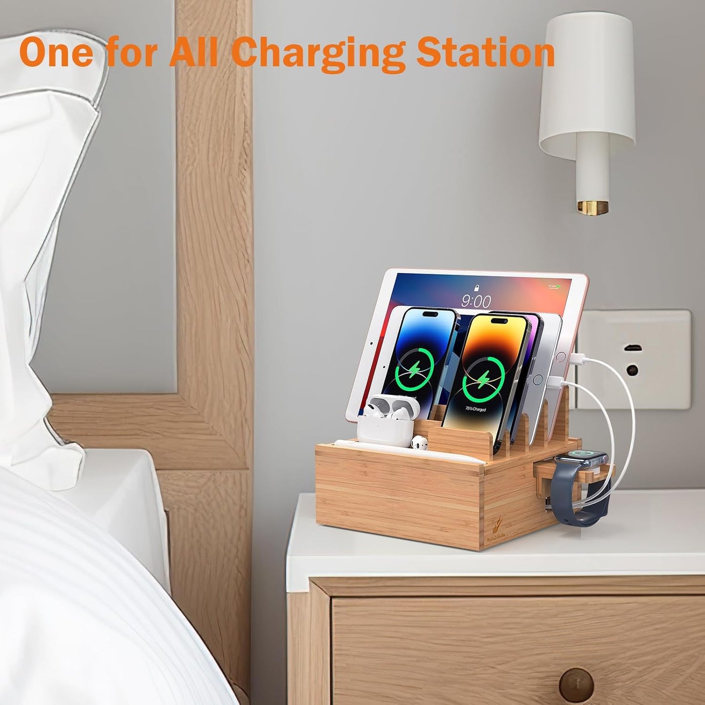 Pezin & Hulin Bamboo Charging Station Holder with 5 Port USB Charger, 5 x Charge Cables, Watch Stand, Wood Docking Stand Electronic Organizer for Multiple Devices, Phones, Tablets and More
