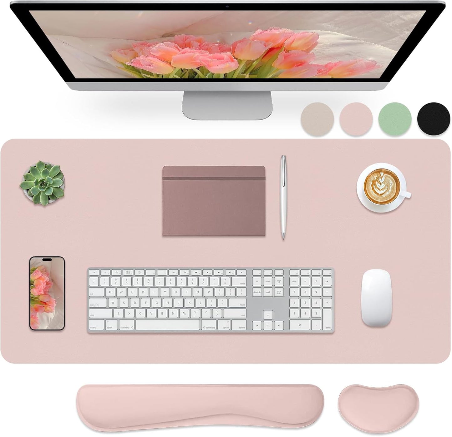 Wrist Rest for Computer Keyboard and Mouse, Ergonomic Design Wrist Support Pad for Keyboard, Soft Memory Foam Desk Pads Support Hand and Arm Easy Typing Pain Relief, 2 Piece Pad, Cream Pink
