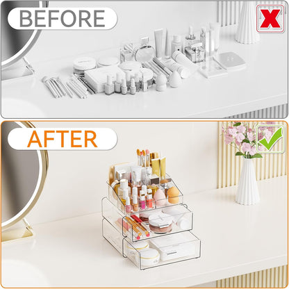Yieach 3 Tier Clear Acrylic Makeup Organizers with Drawers,Tiered Countertop Make up Storage Organizer for Dresser Top and Bathroom Vanity,Plastic Makeup Stand for Brush,Skincare,Beauty Organizers