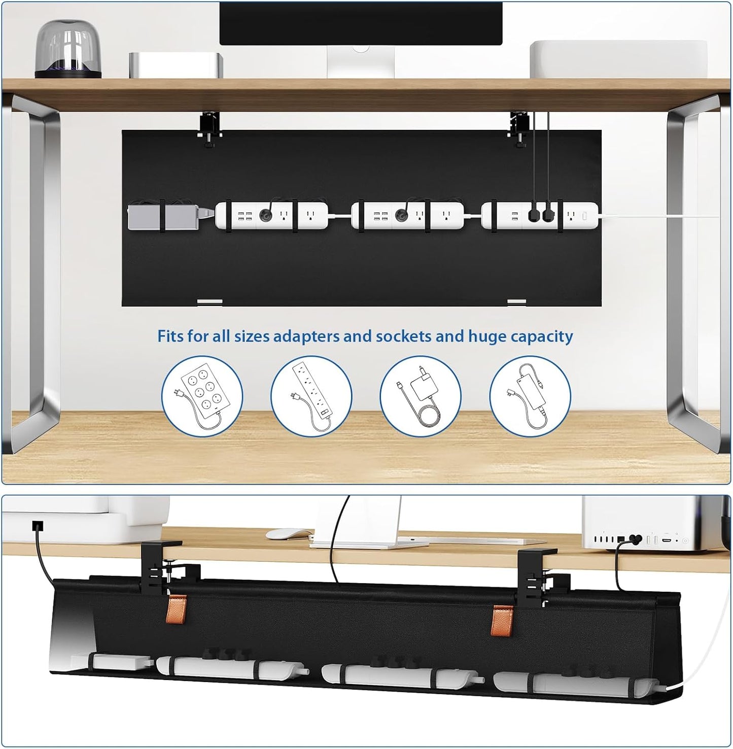 Zilink No Drill Under Desk Cable Management Tray 30" Cord Organizer for Table Clamp/Screw Mount Desk Cable Management Sturdy Waterproof Fabric Cord Hiders for Office, Home
