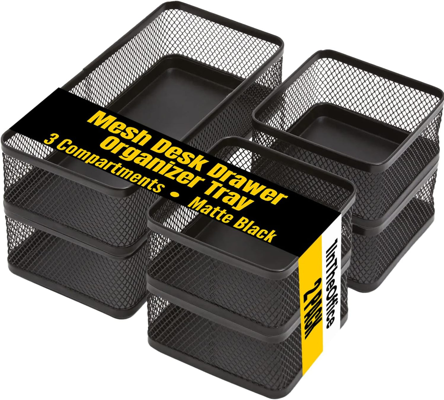 1InTheOffice Mesh Collection Desk Drawer Organizer Tray 3 Compartment - Stackable, Matte Black (2pack)
