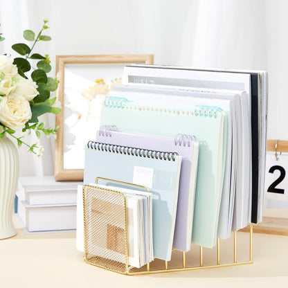 2 Pcs 7 Section Wire File Organizer for Desk, Metal Mesh Incline File Holder, Letter & Magazine Folder Rack, Desktop Paper Sorter for Home Office School (Golden)