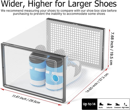 Kuject X-Large Shoe Storage Boxes Organizers Clear Plastic Stackable 12 Pack, Shoe Rack & Holder Substitute, Sneaker Containers, Toy Storage Organizer Bins for Entryway, Closet, Under Bed, Black