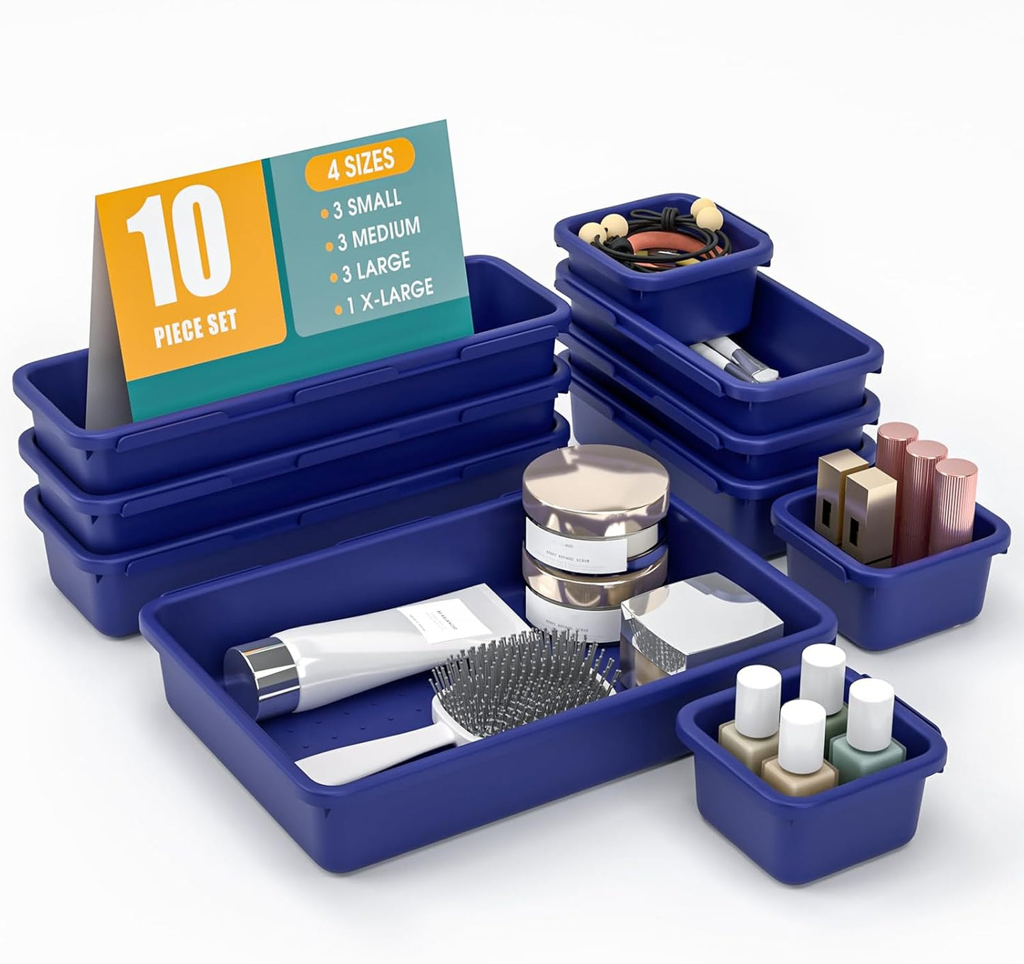StoreHappily 10 PCS Drawer Organizer Set, 4 Size Makeup Drawer Divider Organizer With Non-Slip Pads, Interlocking Plastic Storage Bins for Office,Jewelry Vanity,Gadgets, Bathroom,Kitchen, Black