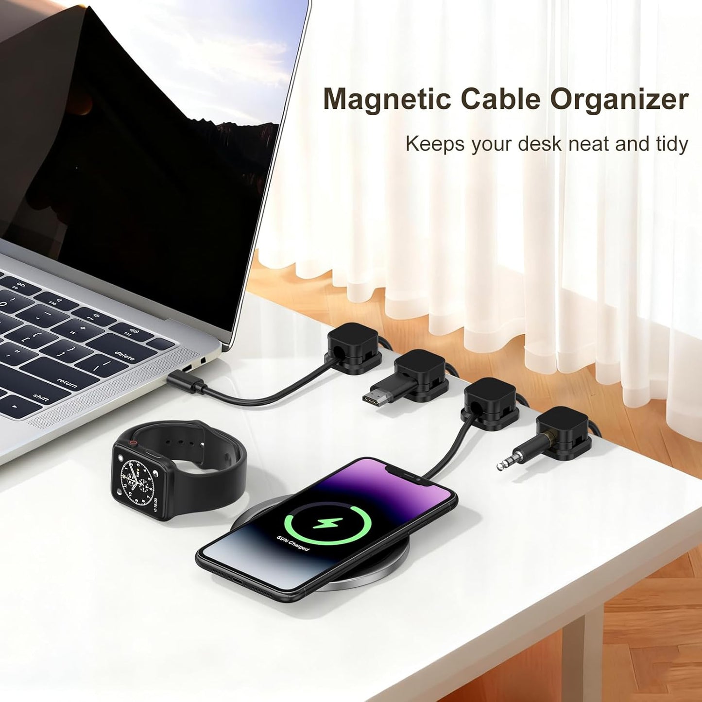 6Pack Magnetic Cable Clips Holder, Cord Organizer for Desk, Strong Adhesive Desk Cable Management for Phone Charger, Computer, Home, Office, Car (Black)
