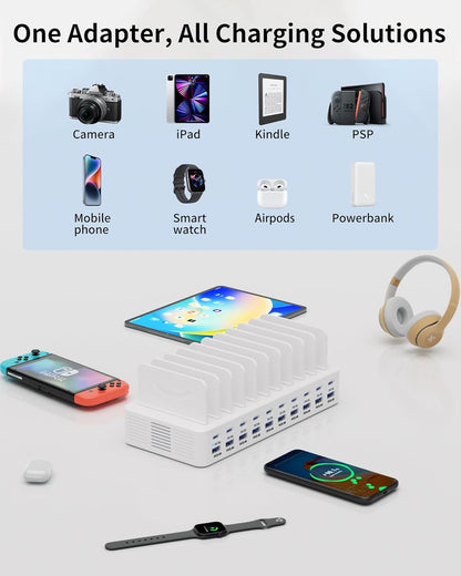 270W Charging Station for Multiple Devices, 20-Port USB Fast Charging Station with Adjustable Dividers & 10 Cables, Multi Device Organizer Charging Dock for iPhone, iPad, Tablets & More(Black)