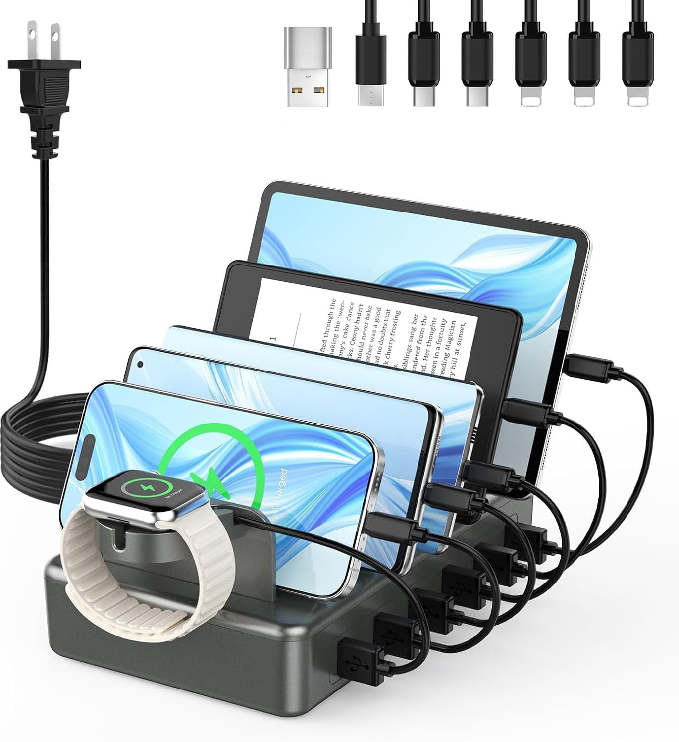 CREATIVE DESIGN Charging Station for Multiple Devices, 50W 6 Ports Charging Dock with 6 Cables Compatible with Cellphone,Tablet, Kindle, Apple Watch and Other Electronic