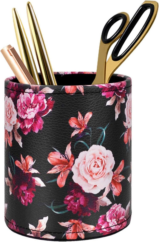 WAVEYU Pen Holder for Women Girls, Pencil Cup Pink Desk Decor, Makeup Brush Holder Large Pu Leather Multi-Functional Organizer Cup for Office, Classroom, Home, Colorful Marble
