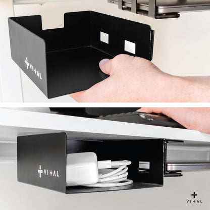 VI+AL Under Desk Laptop Mount - Hidden Metal Shelf with Side Storage, Hook & Cable Organizer - Installs with Tape & Screws - Fits Devices up to 1.7" Thick - Deluxe + LED (USB Light Strip & Remote)